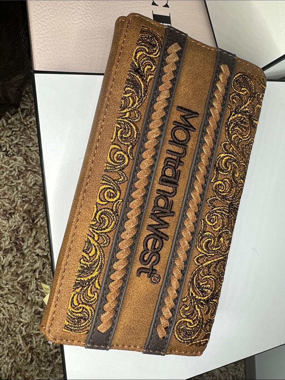 Montana West Brown and Dark Brown Embroidered Suede Card Holder